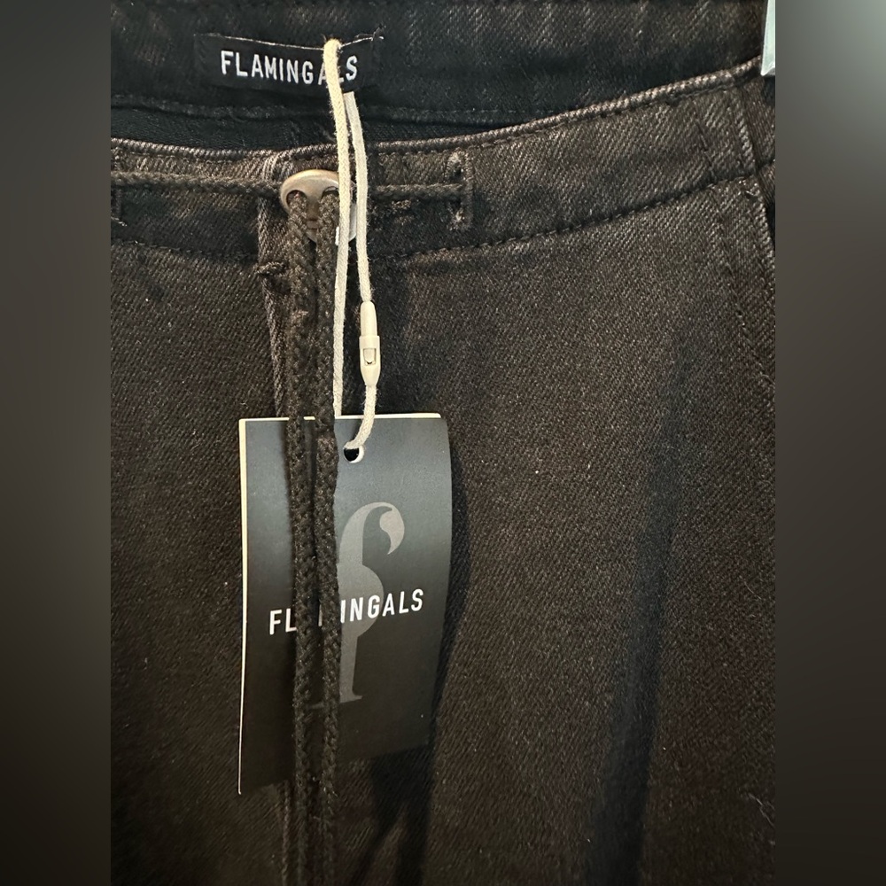 Flamingals Wide Leg Drawstring Waist Black Jeans Size Large NWT - Picture 3 of 5